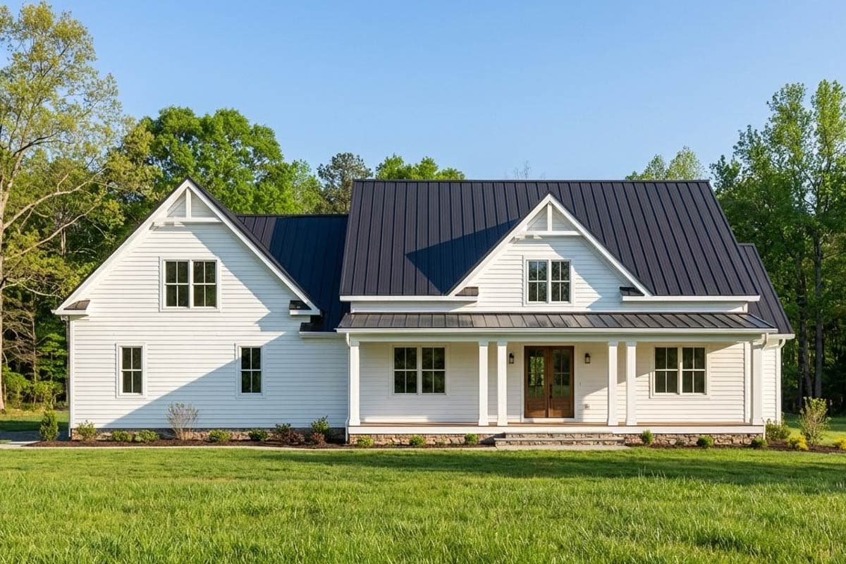 Modern Farmhouse house plan exterior with white siding, black metal roof, gable dormers, and covered front porch.