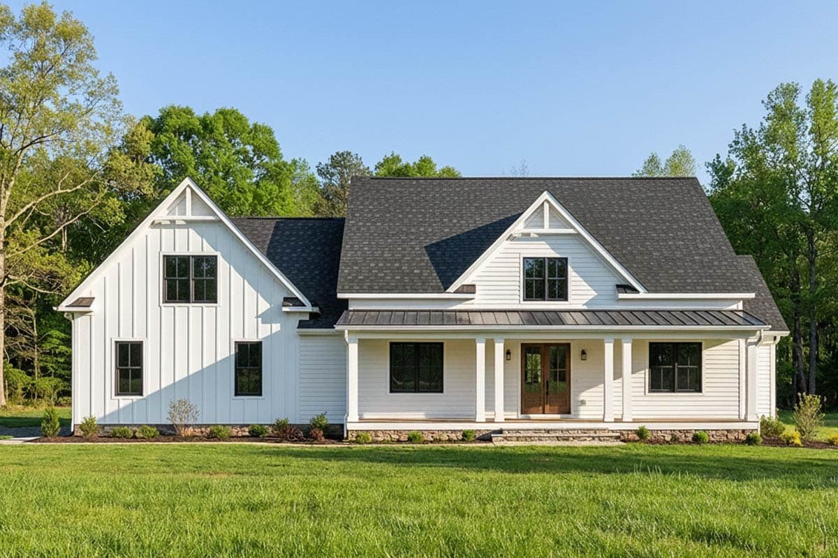A white farmhouse with a dark roof and black window frames stands on a green lawn. Trees line the background under a blue sky.