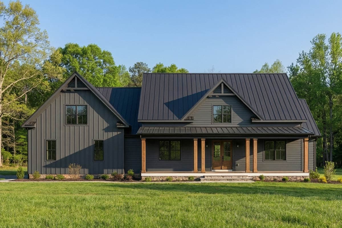 Modern Farmhouse house plan exterior with dark metal roof, board and batten siding, and covered porch with timber posts.
