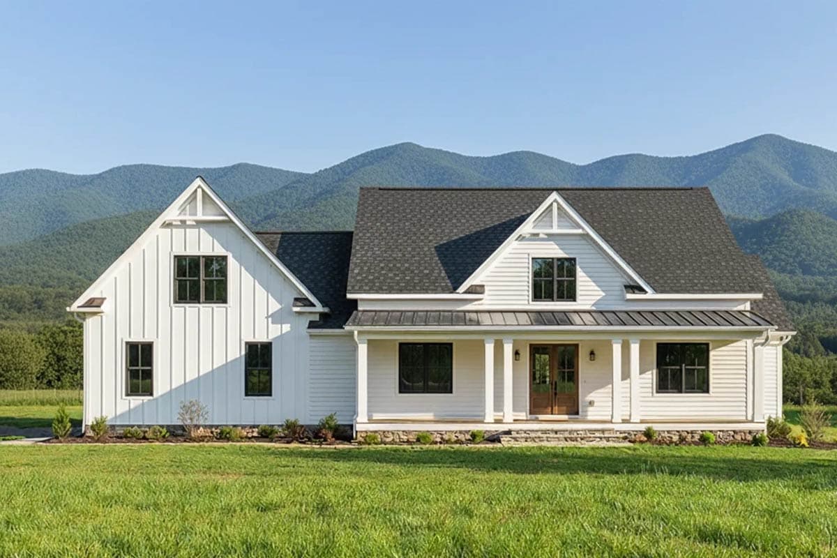 Modern Farmhouse house plan exterior with board and batten siding, gables, front porch, and dark-framed windows.