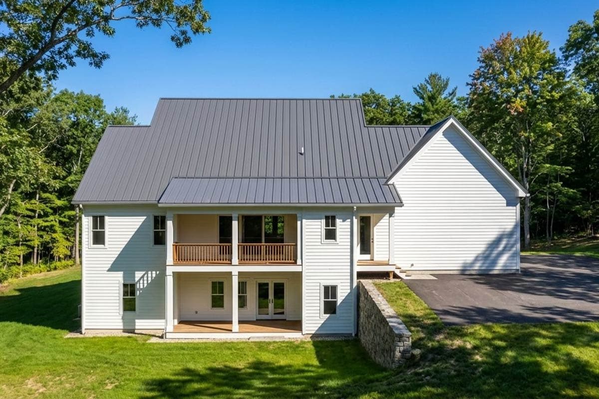 House plan exterior: two-story white home with gray metal standing seam roof, upper balcony, lower covered porch, and gabled dormer.