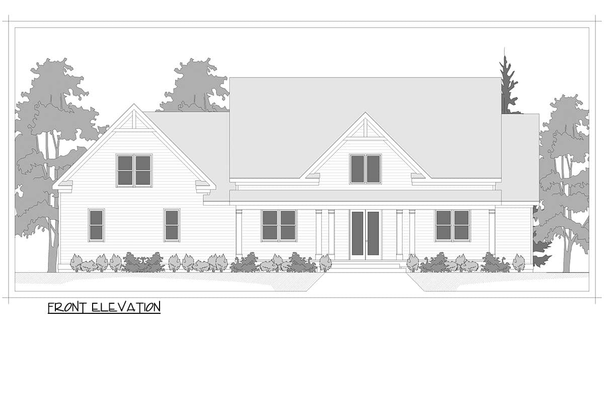 Front elevation drawing of a two-story house with a covered porch, gables, and lap siding.