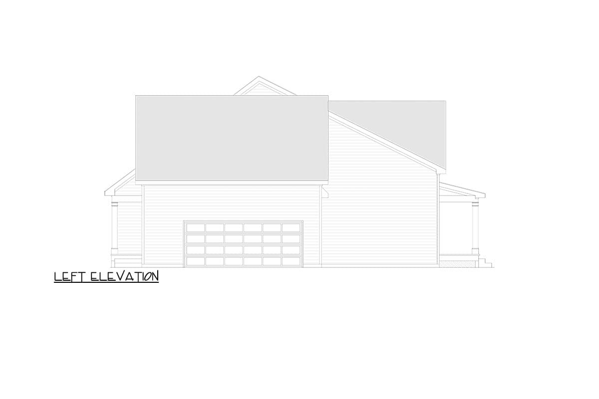 Left elevation house plan showing a garage door, siding, a gable, and a covered porch with columns.