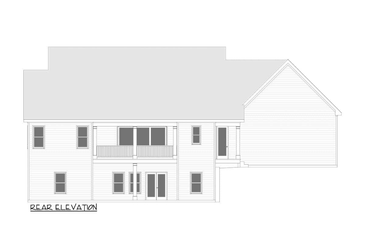 Rear elevation drawing of a two-story house plan with a balcony, double doors, and multiple windows.