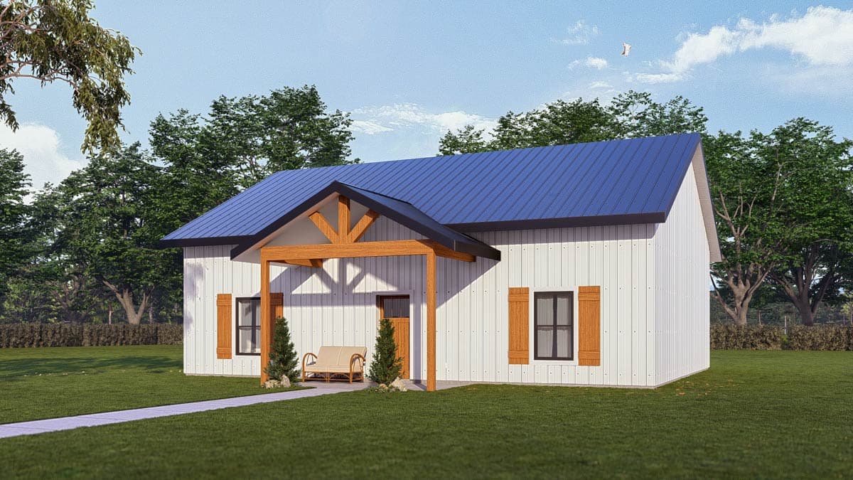 Modern Farmhouse house plan exterior with white vertical siding, blue metal roof, covered entry with exposed beams, and wood shutters.