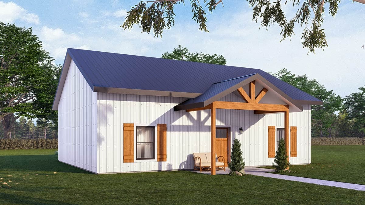 House plan exterior: Modern farmhouse style, one story, white vertical siding, dark blue metal roof, covered entry with exposed wooden beams.