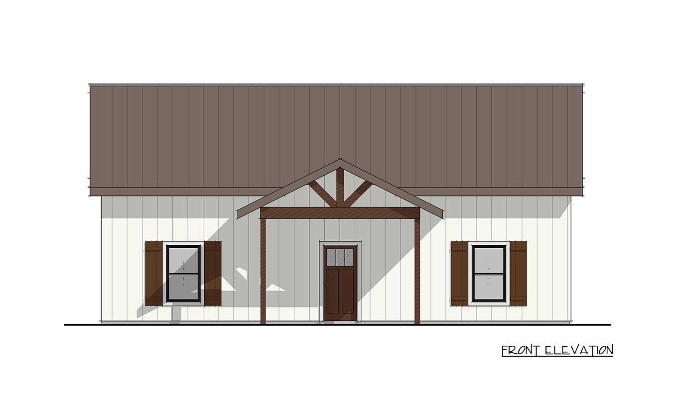 Front elevation drawing of a one-story house plan with a gabled porch, wood shutters, and a metal roof.