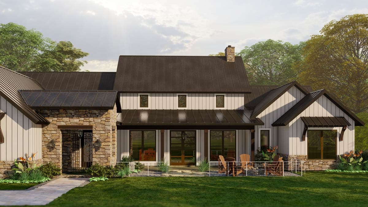 House plan exterior showing a Modern Farmhouse style with stone accents, metal roof, and large windows.