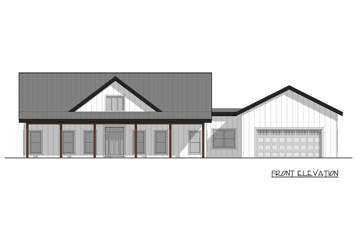 Front elevation house plan with a covered porch, central entry, dormer, and attached two-car garage.