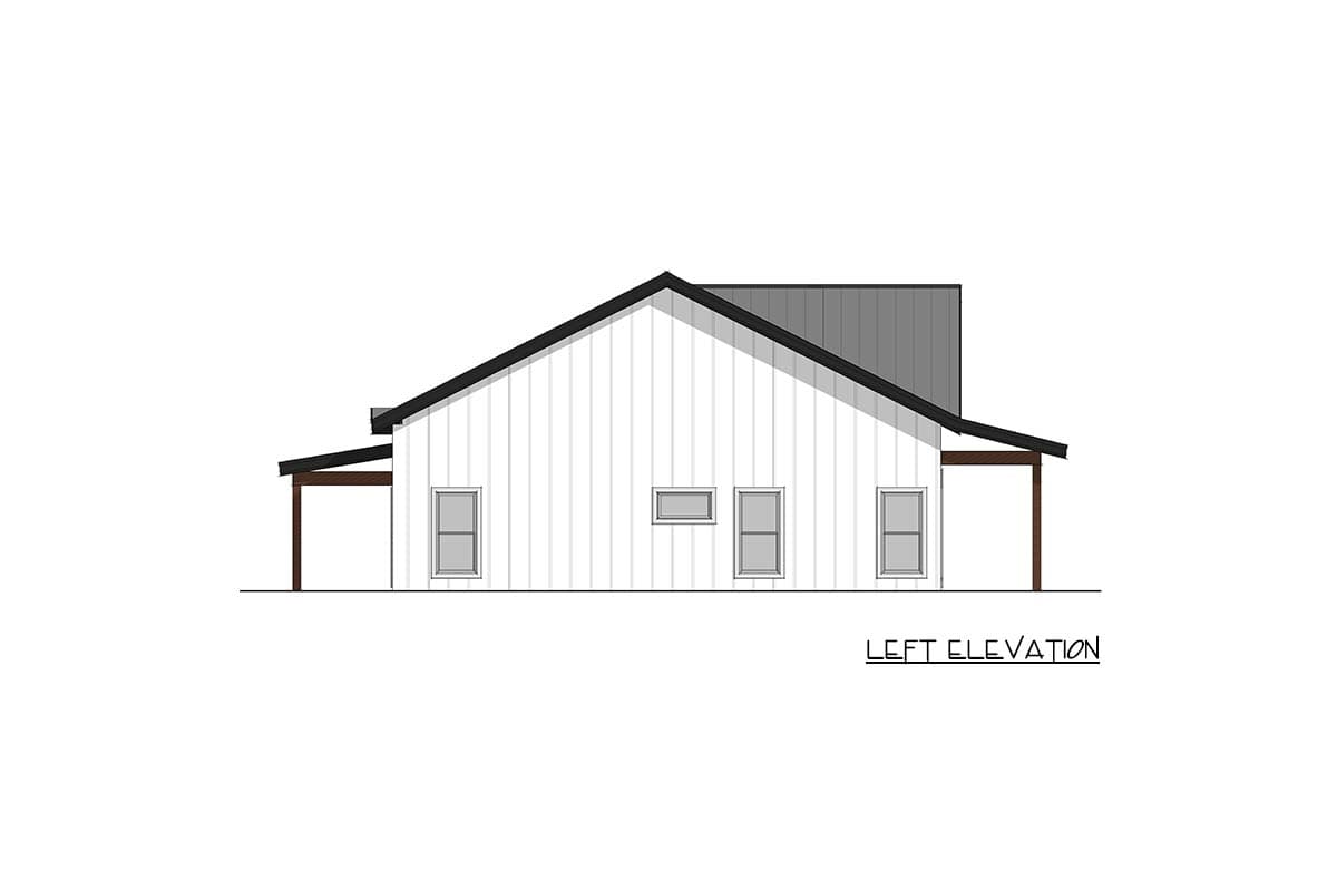 Left elevation of a house plan with vertical siding, gable roof, and two covered porches.