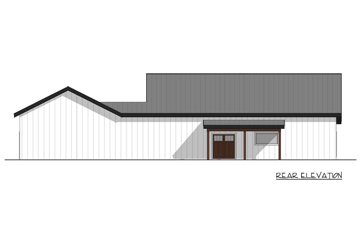 Rear elevation of a house plan showing vertical siding, a gable roof, and a covered entrance with a double door and a window.