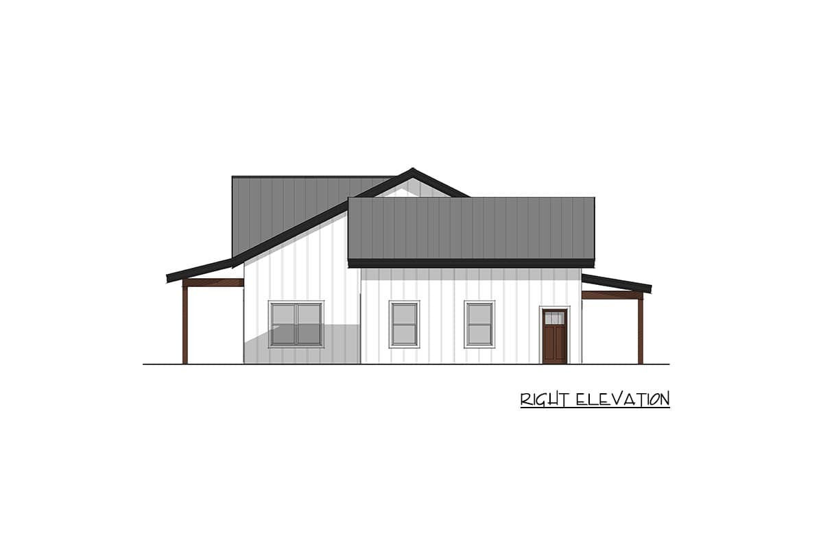 Right elevation house plan exterior. Modern Farmhouse style, two stories, white board and batten siding, metal roof.