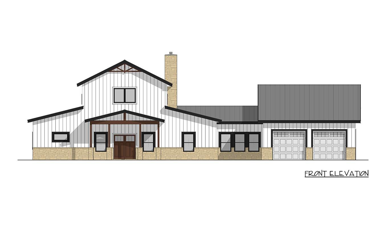 Front elevation drawing of a two-story Modern Farmhouse style house with a covered porch, stone accents, and a three-car garage.