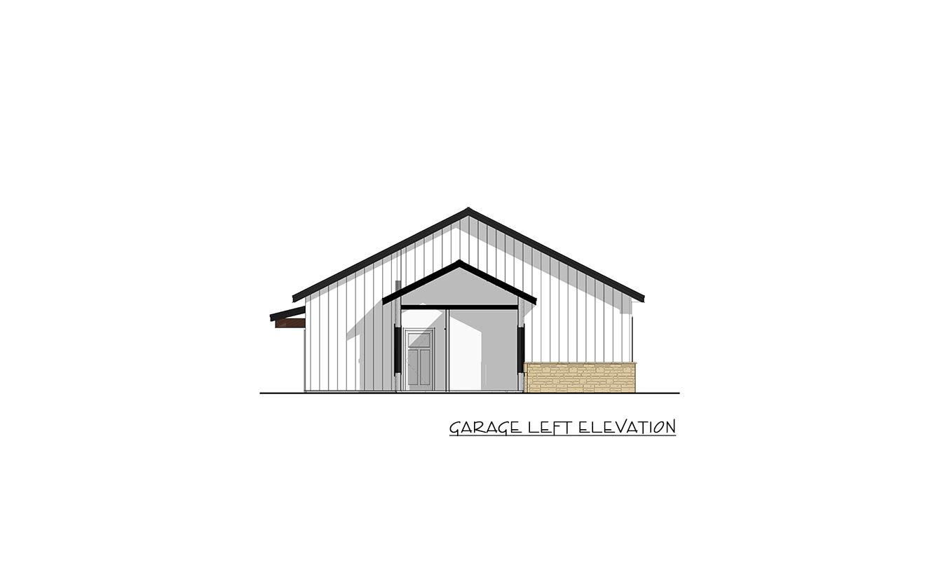 Garage left elevation drawing with vertical siding, gable roof, and stone wainscoting.