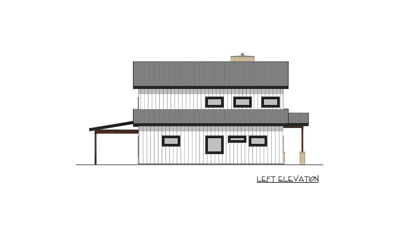 Left elevation house plan shows a two-story modern home with vertical siding, a metal roof, and a covered patio.