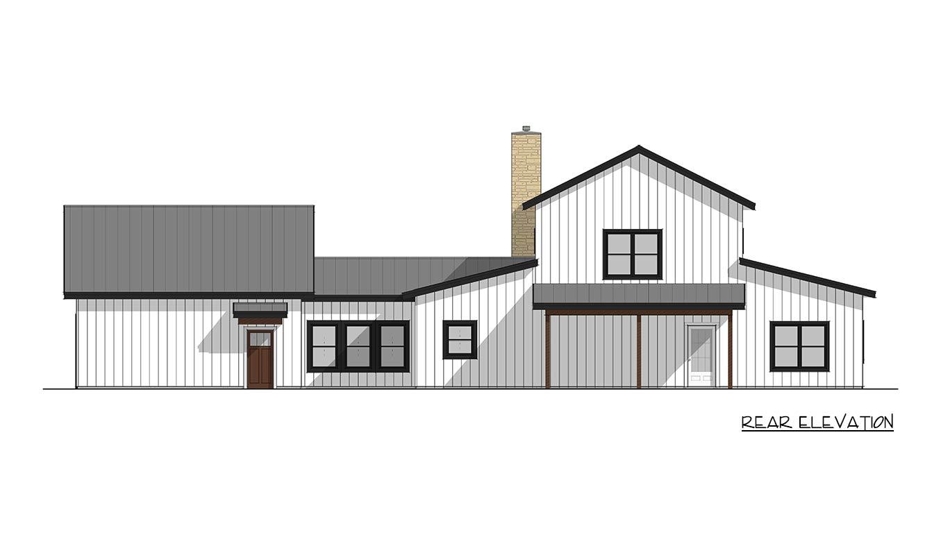 Rear elevation house plan with vertical siding, varied rooflines, gabled dormer, chimney, and porch.