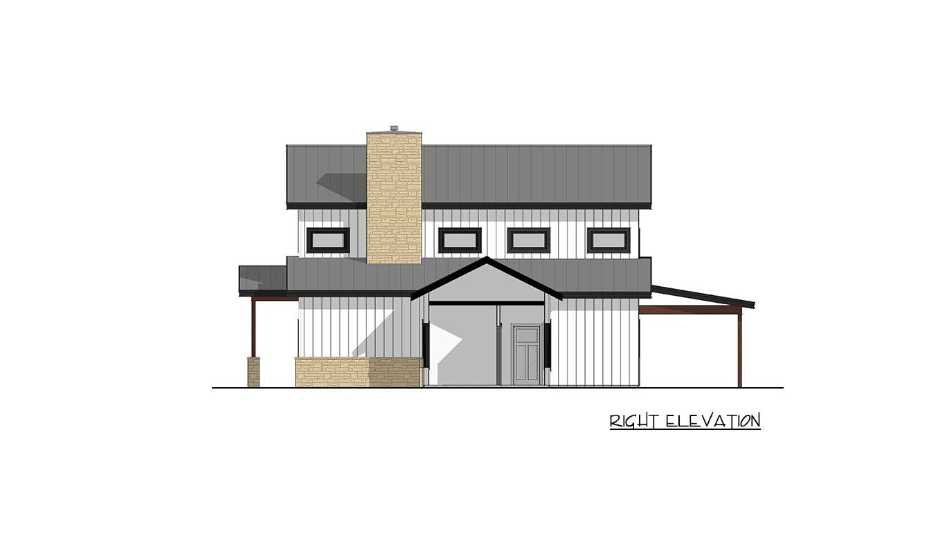 Right elevation house plan showing a two-story modern farmhouse with a gabled entrance, stone chimney, and metal roof.