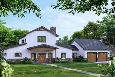 Expansive Modern Farmhouse House Plan with Split Bedrooms and Vaulted Great Room