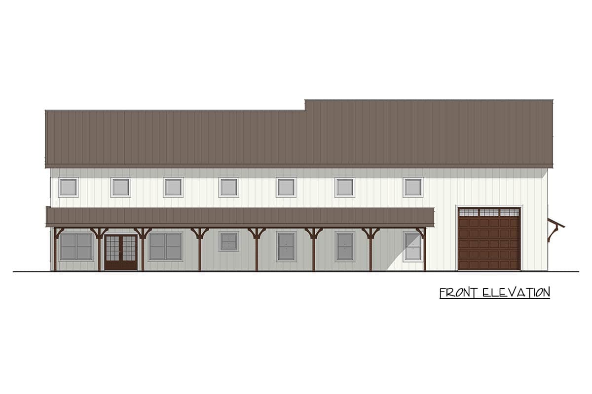 Front elevation of a two-story house plan with a covered porch, multiple windows, and an attached garage.