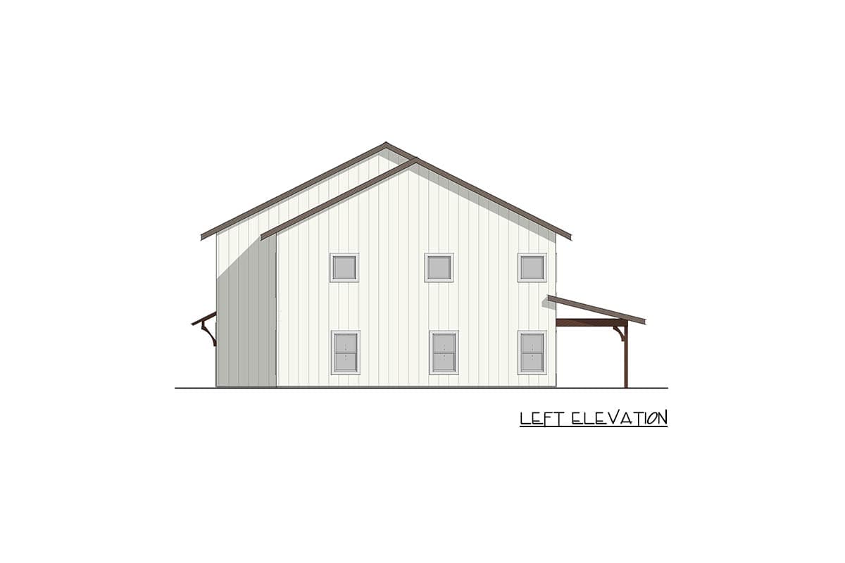 Left elevation of a two-story house plan with a gable roof, vertical siding, and a small covered porch.