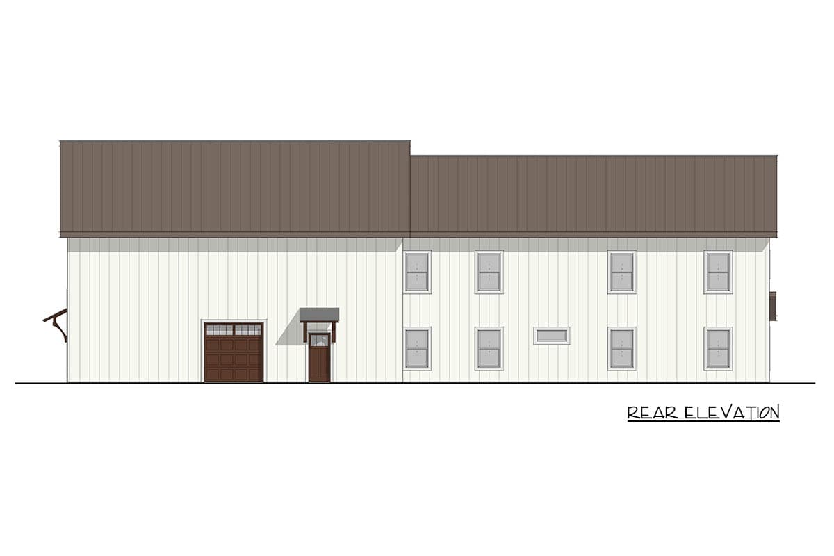 Rear elevation drawing of a house plan with a metal roof, vertical siding, garage door, and multiple windows.