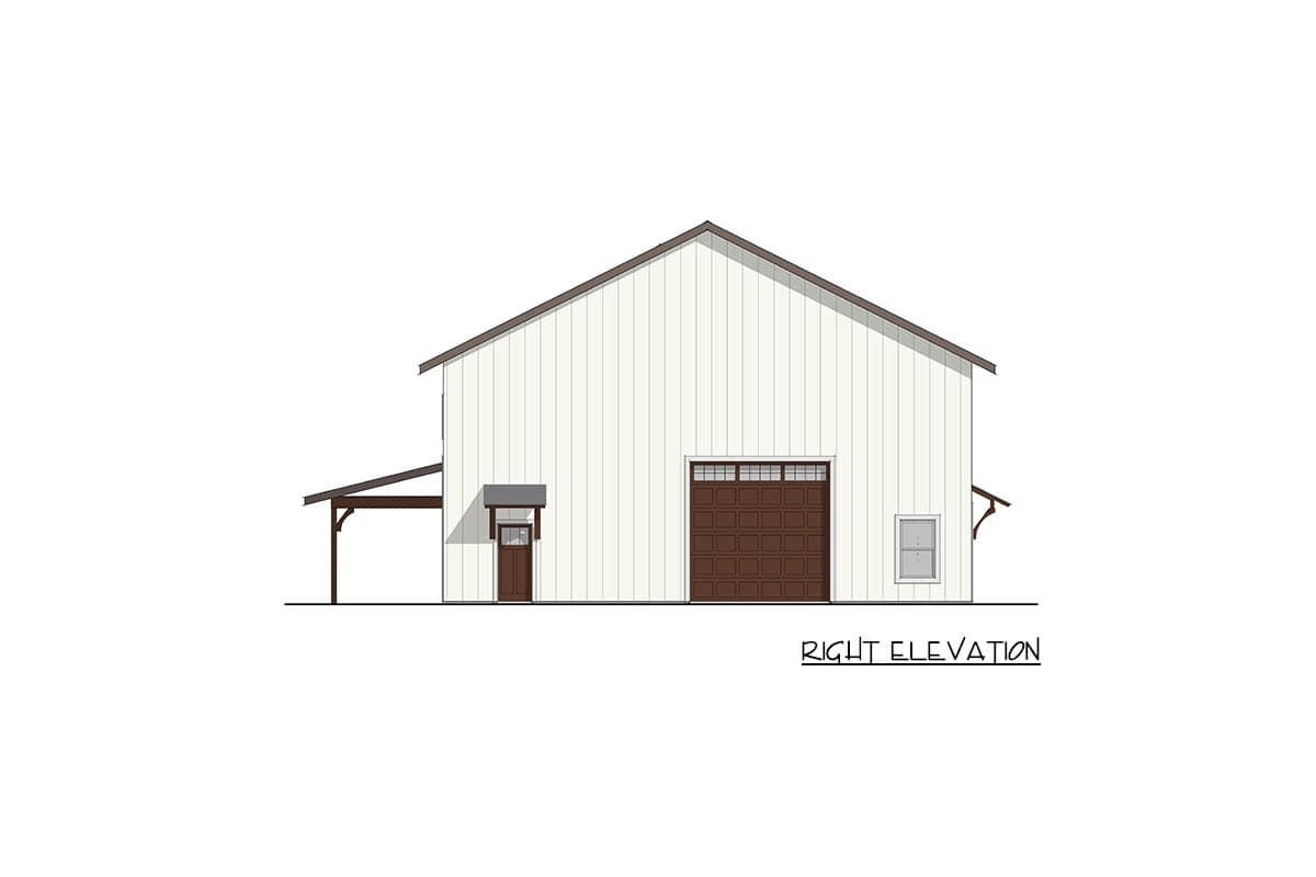 Right elevation drawing of a house plan featuring a large garage door, a side door, and a covered overhang.