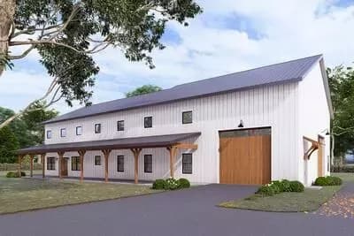 Expansive Barndominium House Plan with 4 Beds, Workshop, Covered Porch