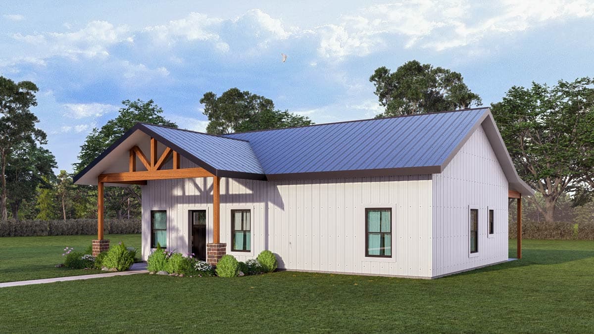 House plan exterior, modern style with a prominent gable and exposed wooden beams on covered porch. Features vertical siding and a metal roof.
