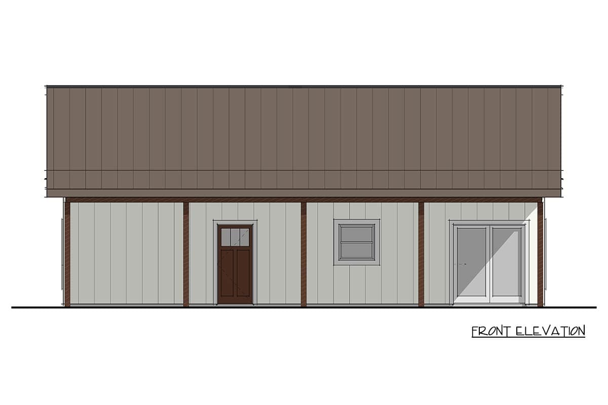 Front elevation drawing of a house plan with a metal roof, horizontal siding, a single door, a window, and double glass doors.