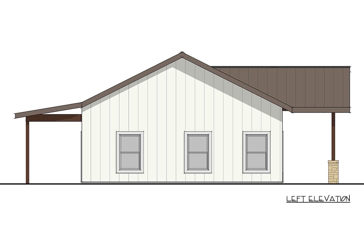 Left elevation house plan. Modern farmhouse style, one story, board and batten siding, gabled roof, and covered porch.