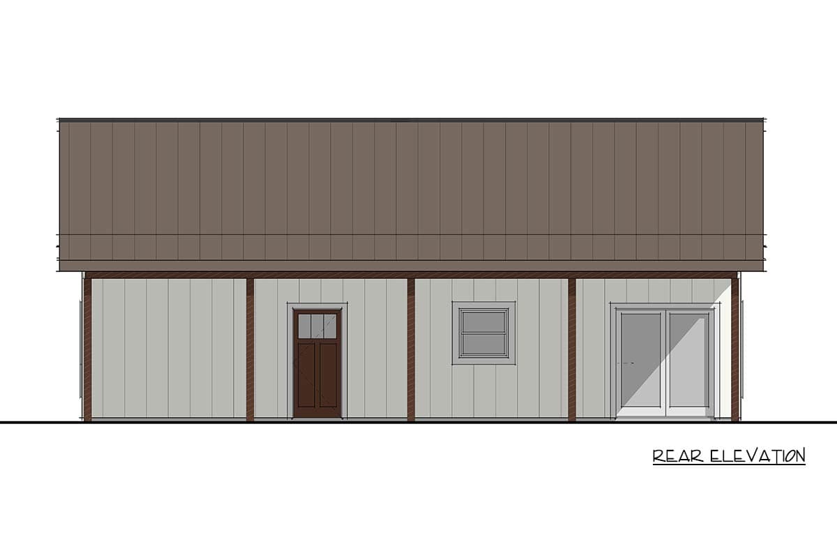 Rear elevation drawing of a house plan, featuring a single door, window, and double glass doors.