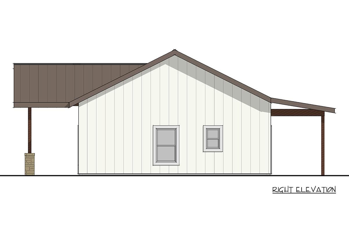 House plan right elevation: One-story home with vertical siding, a shed roof, and an attached covered porch supported by a stone-clad column.