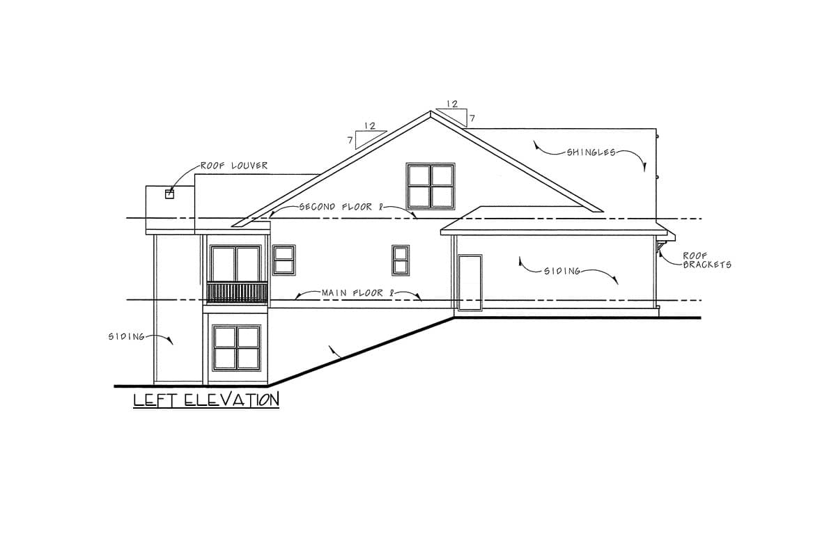 Left elevation house plan drawing showing two stories, siding, roof louvers, shingles, and roof brackets.