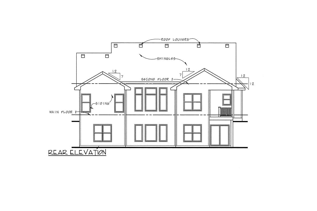 Rear elevation drawing of a two-story house with gabled rooflines, siding, roof louvers, and multiple windows.