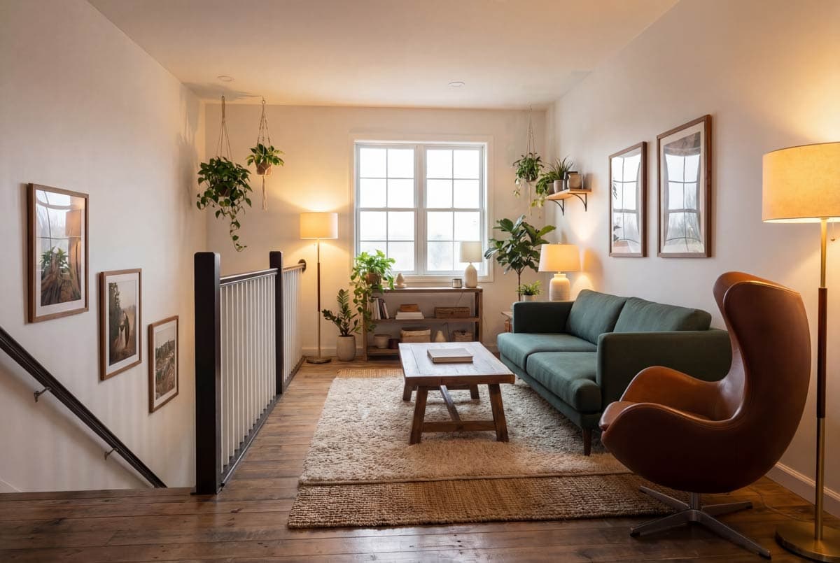 A warmly lit living room with wood floors, a green sofa, and an egg-shaped brown leather chair. Plants and framed artwork add to the decor.
