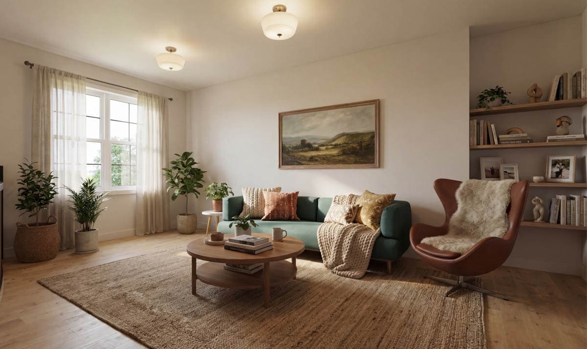 A cozy living room with a teal sofa, round coffee table, and an egg chair. Plants, a landscape painting, and a neutral rug complete the space.