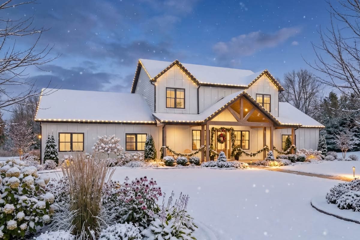 A snow-covered two-story house with Christmas lights and a wreath on the porch. Snow falls, and the landscape is filled with snow covered bushes.