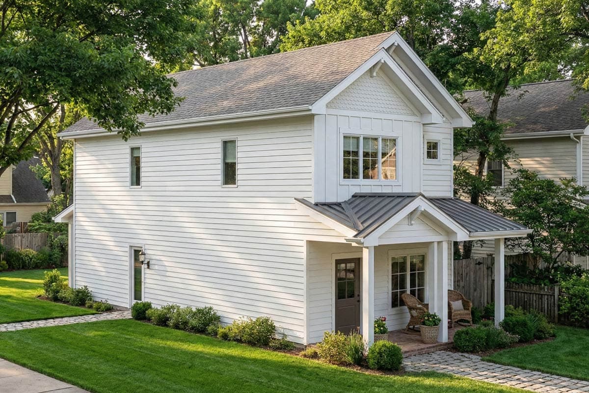 Modern farmhouse house plan exterior, two stories, white siding, gables, prominent entry porch with metal roof.