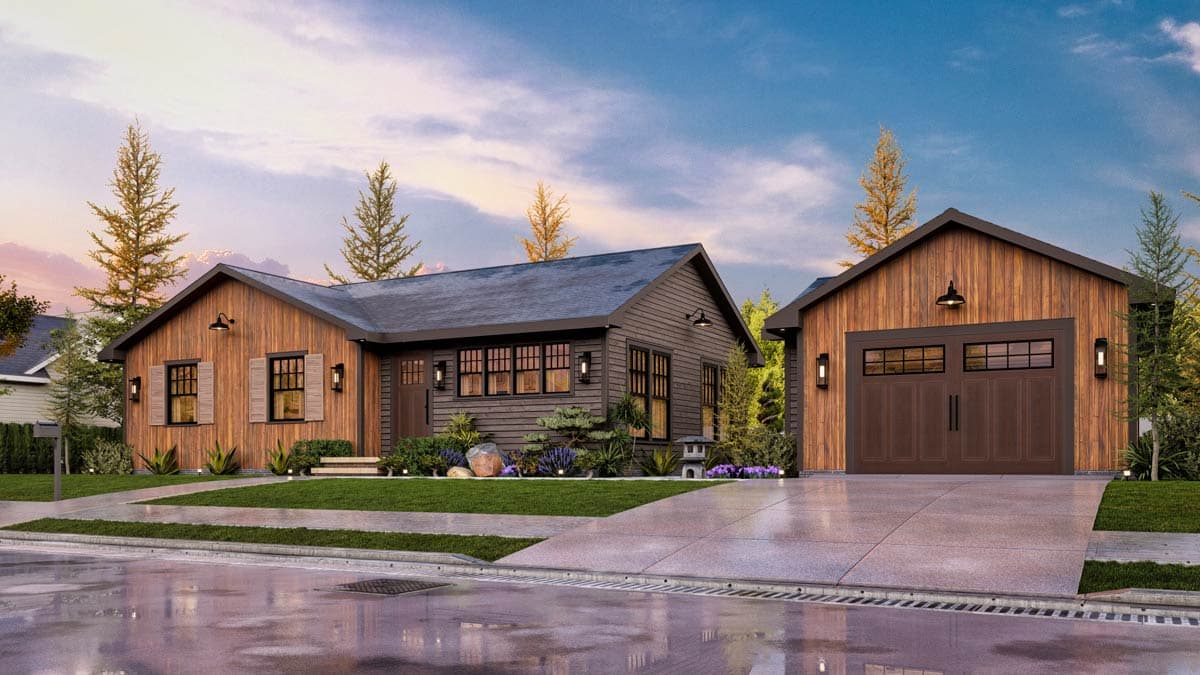 House plan exterior: one-story Modern Farmhouse with vertical wood siding, gabled roof, and attached two-car garage.
