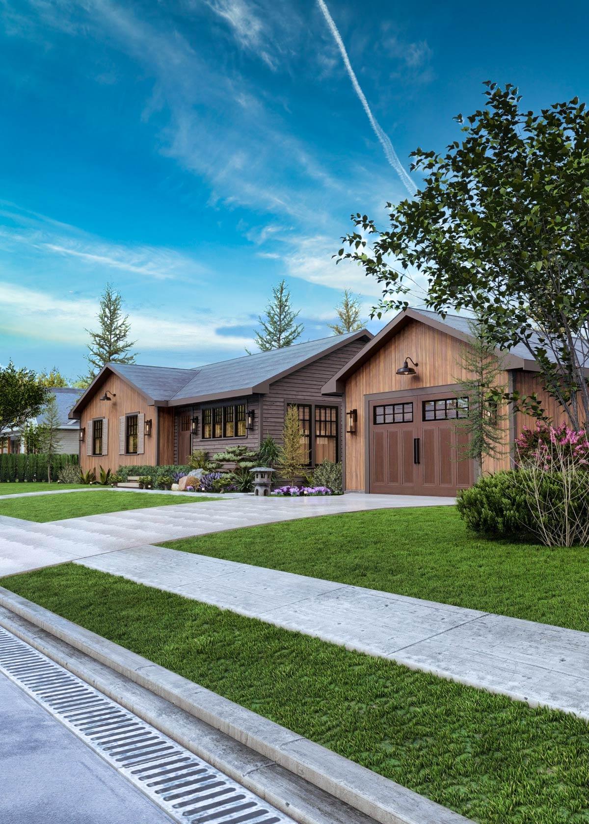 House plan exterior: Modern Ranch style, one-story with wood siding, dark trim, prominent gables, and attached two-car garage.