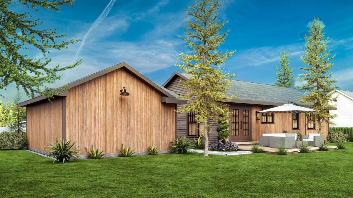 Modern single-story house plan exterior with vertical wood siding, gable roof, double doors, and an outdoor patio.