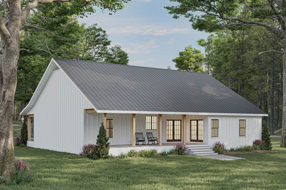 House plan exterior of a one-story Modern Farmhouse with a metal roof, board-and-batten siding, and a covered front porch with wooden posts.