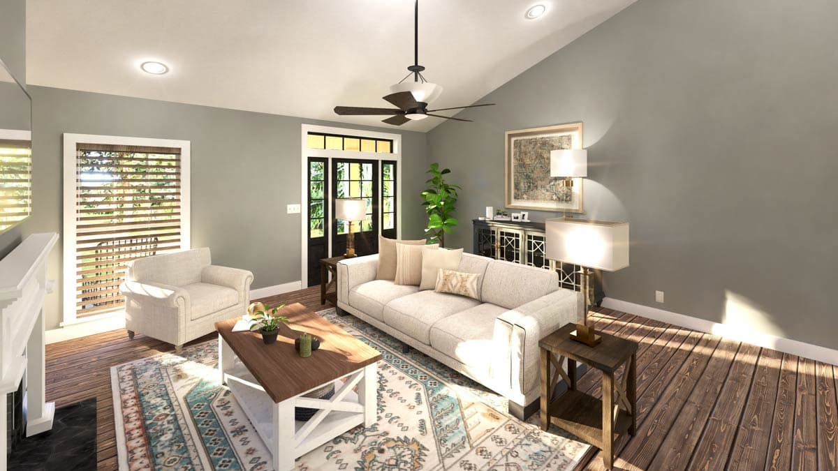 Great room with vaulted ceiling, fireplace, large window, and double doors. Rendering shows an open layout.