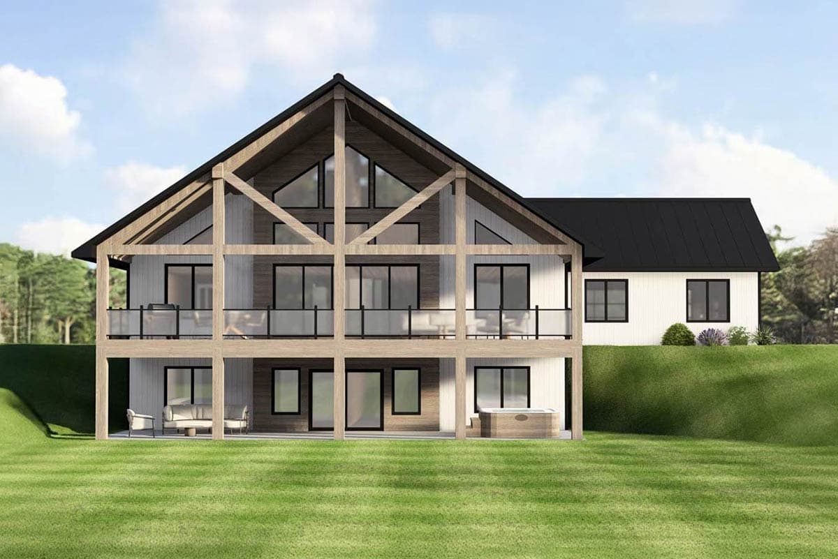 A modern two-story house with a wooden frame and a black roof. Glass balconies, large windows, and a jacuzzi add detail to the contemporary design.