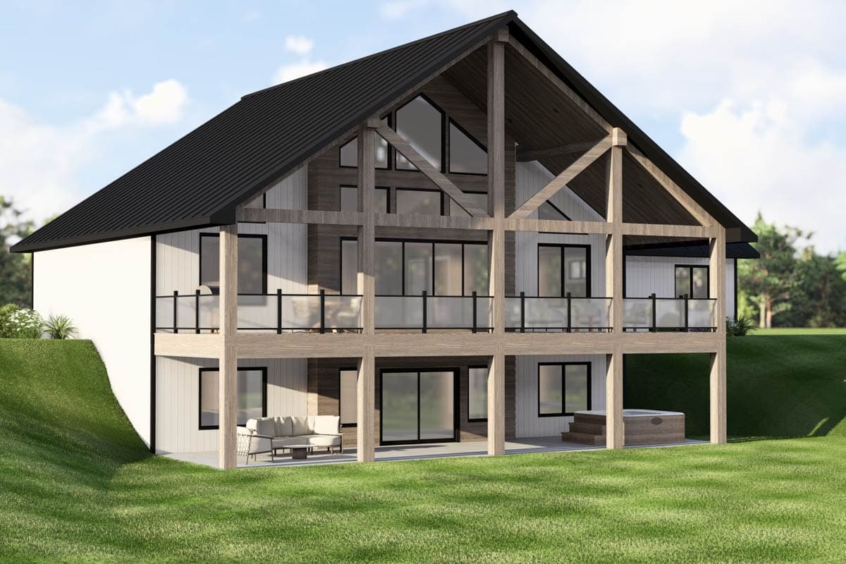 House plan exterior, Modern style, two-story, with a prominent timber frame, large windows, and a black metal roof.