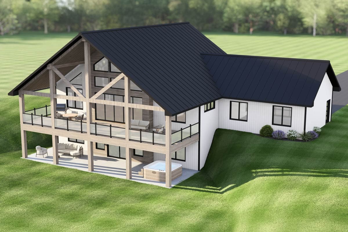 Modern house plan exterior with a large gable roof, exposed beams, wraparound decks, and a hot tub.