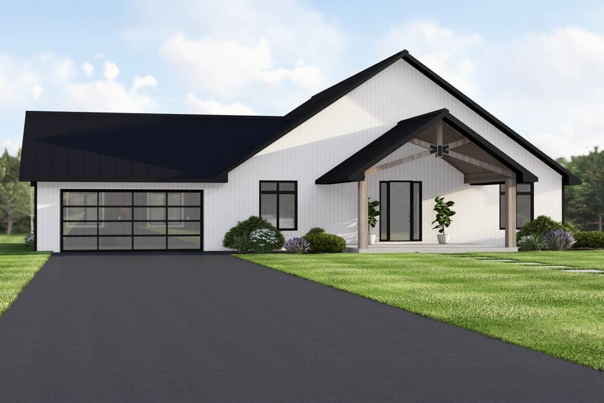 Modern Farmhouse house plan exterior with white siding, black metal roof, glass garage door, and exposed beam covered porch.