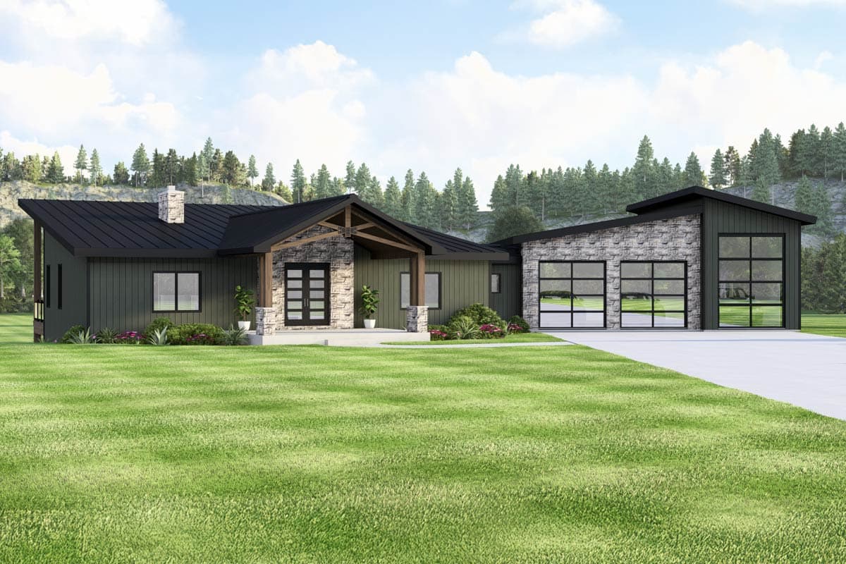 Modern house plan exterior with a low-pitched gable roof, stone accents, and a two-car garage with glass doors.