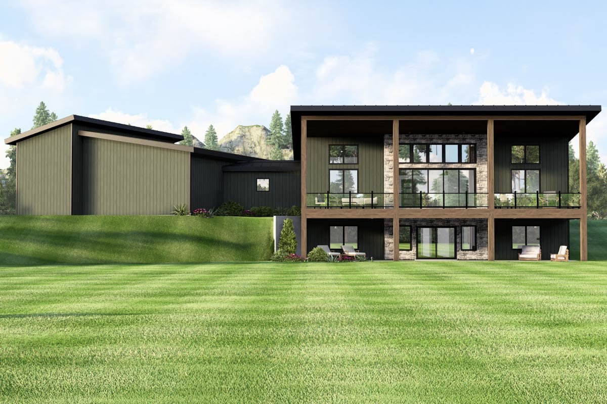 Modern house plan exterior with two stories, gabled roof, extensive glazing, stone accents, and covered patios.