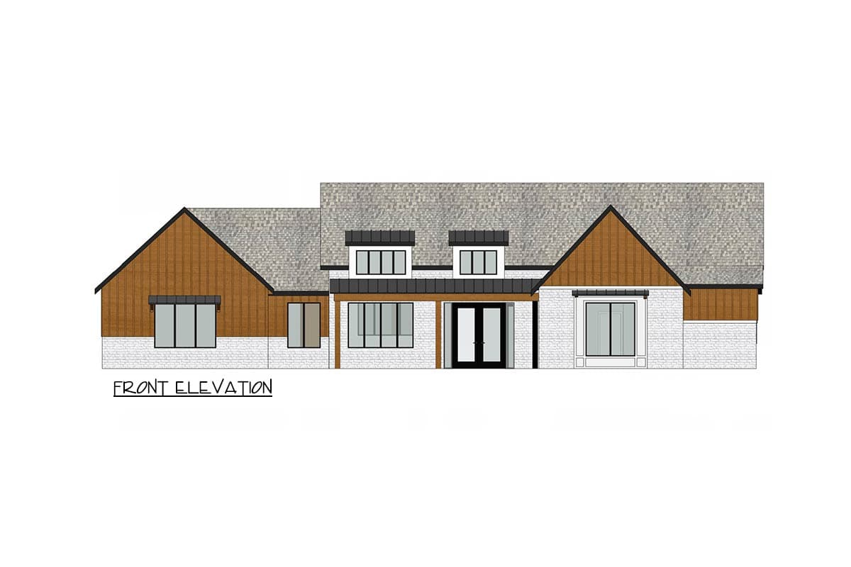 Front elevation rendering of a modern house, featuring white brick, wood accents, a gray shingled roof, and black framed windows and doors.